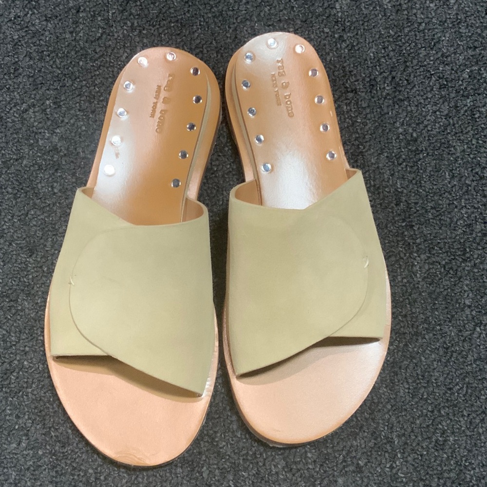 Rag & Bone Beige Slide Sandals with Silver Accents